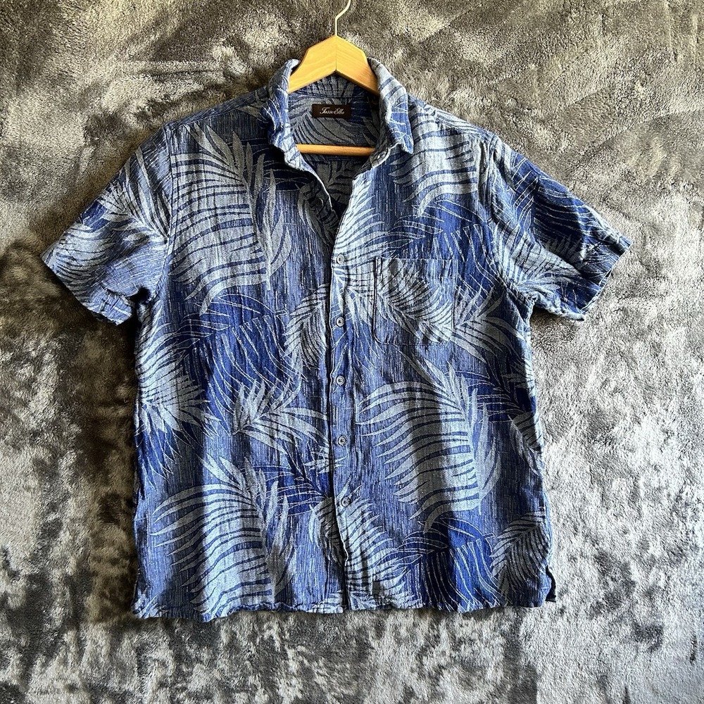 Tasso Elba Silk Linen Shirt Mens Large‎ Blue Tropical Camp Hawaiian Coastal